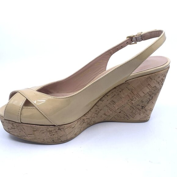 Stuart Weitzman Size 6.5M Adobe Nude Wedge Sandal Cork Peep Toe Slingback Patent - Picture 6 of 12